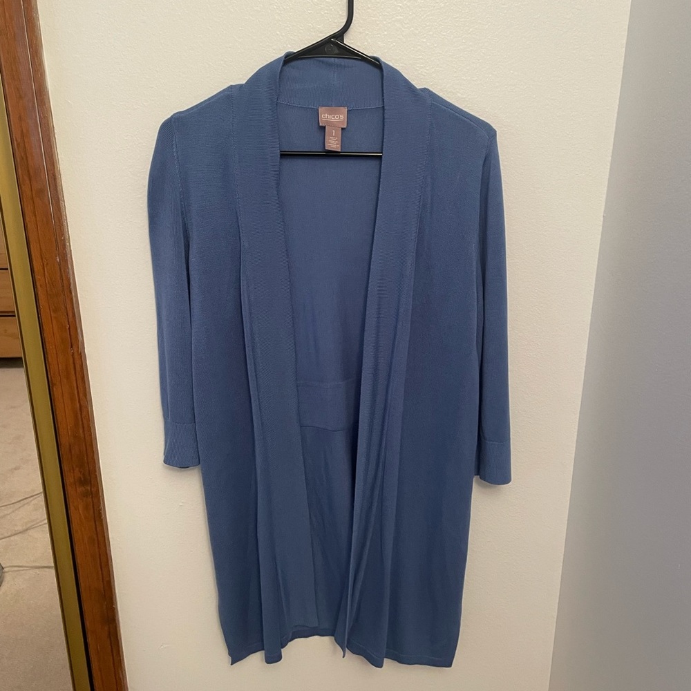 Chico’s Cardigan Sweater Size 1 Medium Light Blue Open Front Rayon